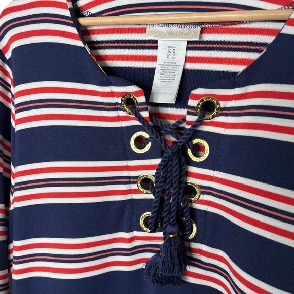 New Women’s La Blanca Sailor Stripe Lace Up V-Neck Tunic Size M - Picture 3 of 11